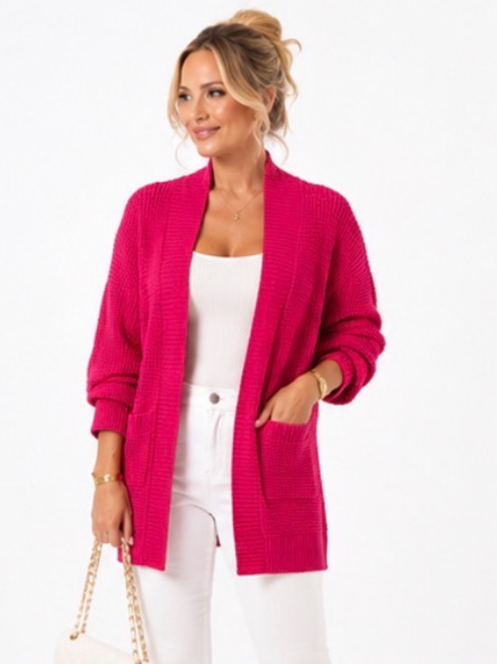 Evidence Hot Pink Chunky Rib Open Cardigan Sweater | Cozy Contemporary Layer